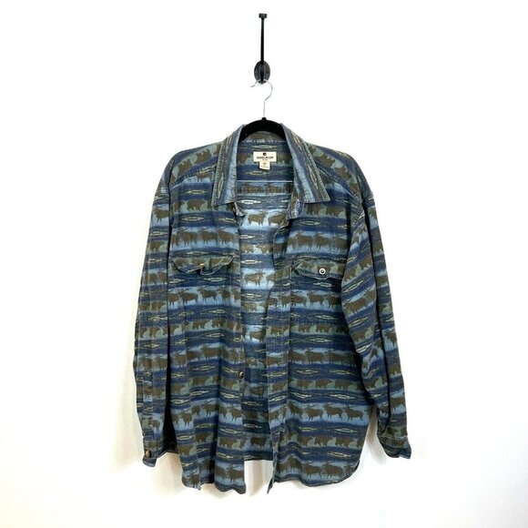 Woolrich Flannel Elk Bear Moose Print Mens 2XL Outdoor Nature Button Down - Picture 1 of 9